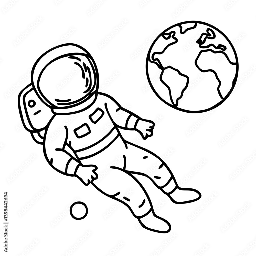 Fototapeta premium Astronaut Floating in Space with Earth Black and White Vector Illustration