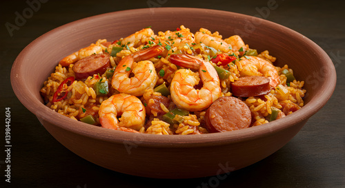 Delicious Jambalaya With Shrimp Sausage And Cajun Spices In Earthy Bowl