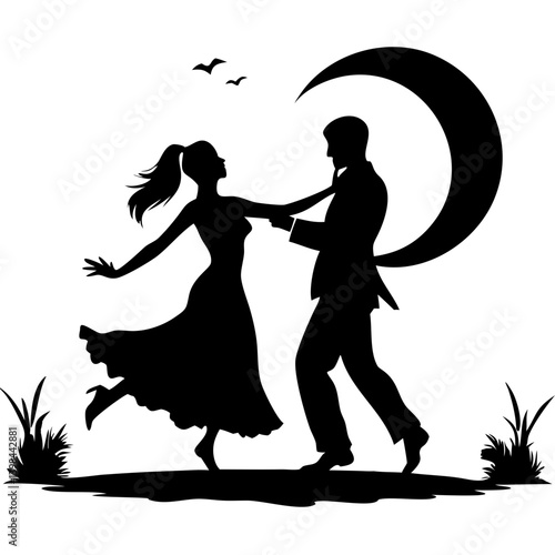 Silhouette Couple Dancing Under Moon Birds Romantic Evening Vector Art
