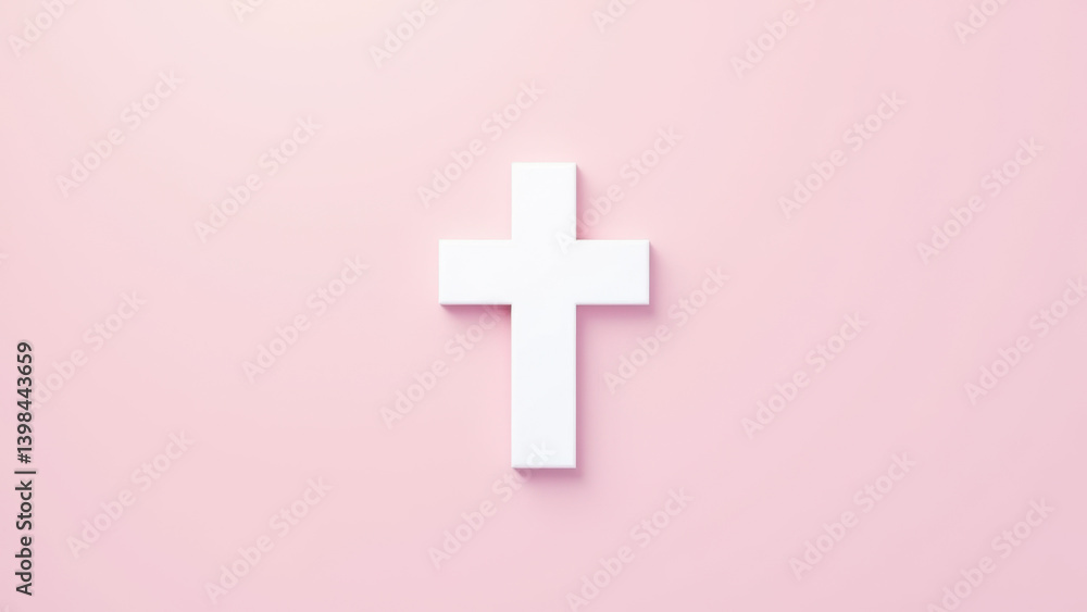 Digital Christian cross on a light pink background with a subtle dark shadow effect. Digital Christian cross on a light pink background with a subtle dark shadow effect.