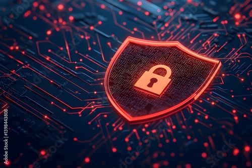 Red digital shield with a lock icon on a black circuit board background, symbolizing security and cyber protection in a technology or internet concept.