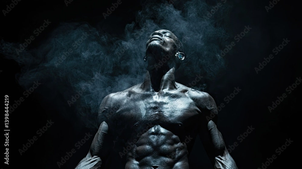 A shirtless person gazes upward with mist surrounding the figure A shirtless person gazes upward with mist surrounding the figure