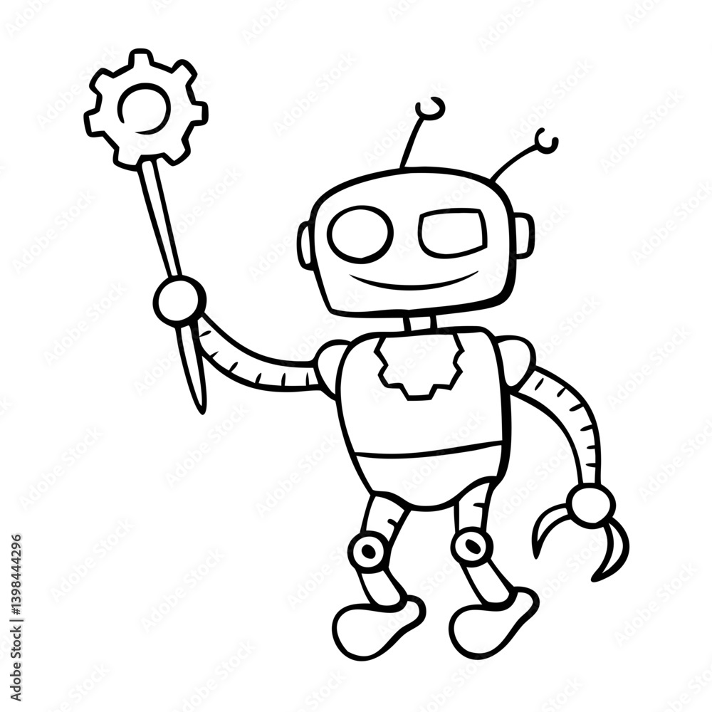 Friendly Cartoon Robot with Gear Staff Black Line Art for Kids Crafts and Coloring Friendly Cartoon Robot with Gear Staff Black Line Art for Kids Crafts and Coloring