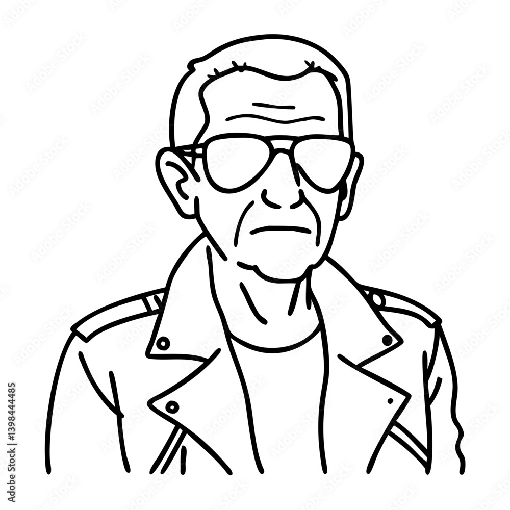 Cool Elderly Man Wearing Aviator Sunglasses in Biker Jacket Vector Outline Cool Elderly Man Wearing Aviator Sunglasses in Biker Jacket Vector Outline