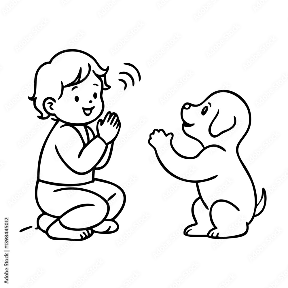 Child Playing with Puppy Simple Vector Illustration for Coloring Books and Prints Child Playing with Puppy Simple Vector Illustration for Coloring Books and Prints