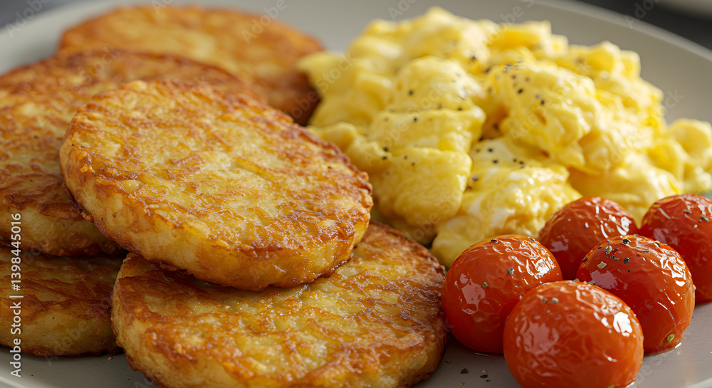 Hearty Breakfast Featuring Hash Browns Scrambled Eggs and Roasted Tomatoes Hearty Breakfast Featuring Hash Browns Scrambled Eggs and Roasted Tomatoes