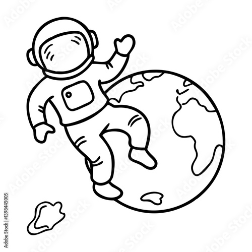 Vector Illustration Astronaut Floating Earth Outer Space Design for Coloring Books