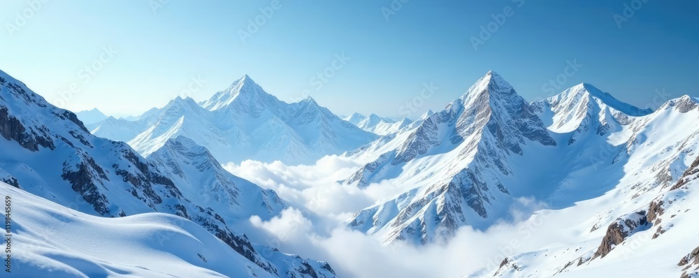 Fototapeta premium Snow-covered mountain peaks with delicate snowflakes, serene, landscape