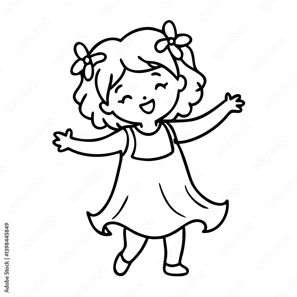 Happy Cartoon Child Dancing Joyful Little Girl Line Art Illustration for Coloring Happy Cartoon Child Dancing Joyful Little Girl Line Art Illustration for Coloring