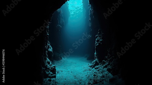 An underwater cave with light filtering through the surface water