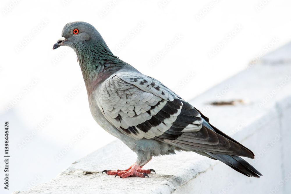 Naklejka premium Pigeon on snow, detailed feathers, iridescent neck, red feet, gray and white plumage, city bird, urban wildlife, high-resolution photography, side profile, winter scene, soft lighting