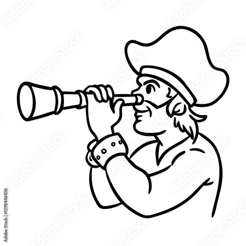 Pirate with Spyglass Outline Vector for Adventure Themes and Coloring Books