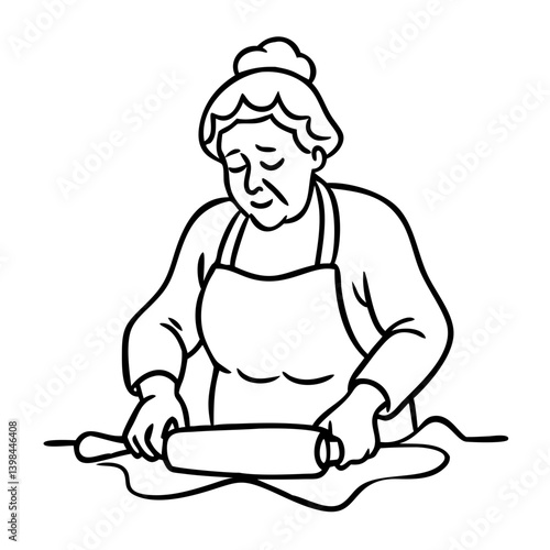 Elderly Woman Rolling Dough Vector Illustration for Culinary and Baking Projects