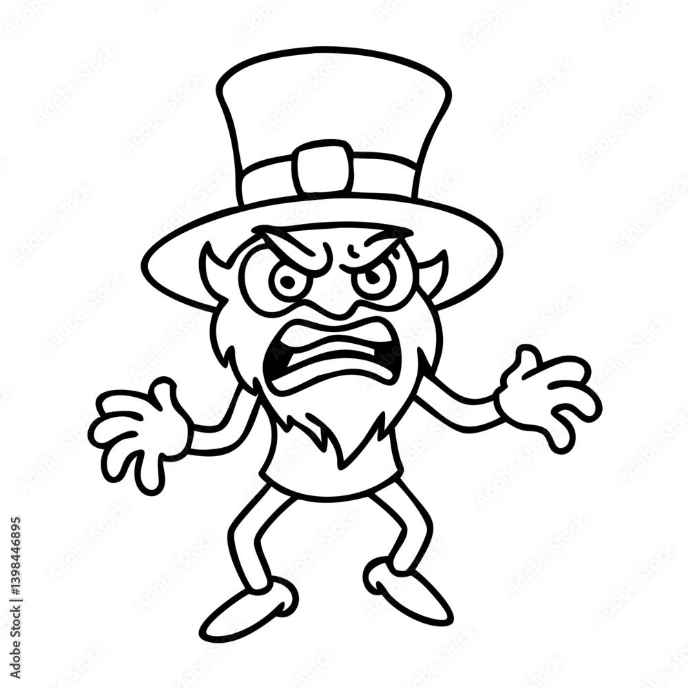 Angry Cartoon Leprechaun Character in Top Hat Vector Illustration for Coloring Book Angry Cartoon Leprechaun Character in Top Hat Vector Illustration for Coloring Book