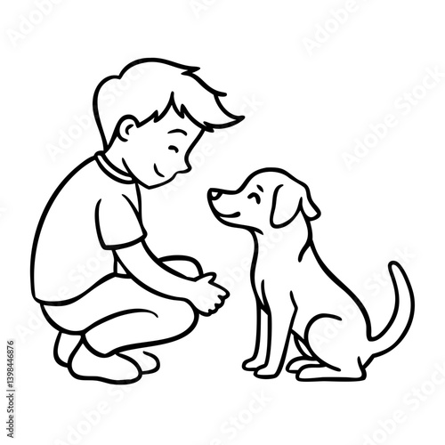 Boy and Dog Friendship Outline Illustration for Coloring Books and Educational Materials