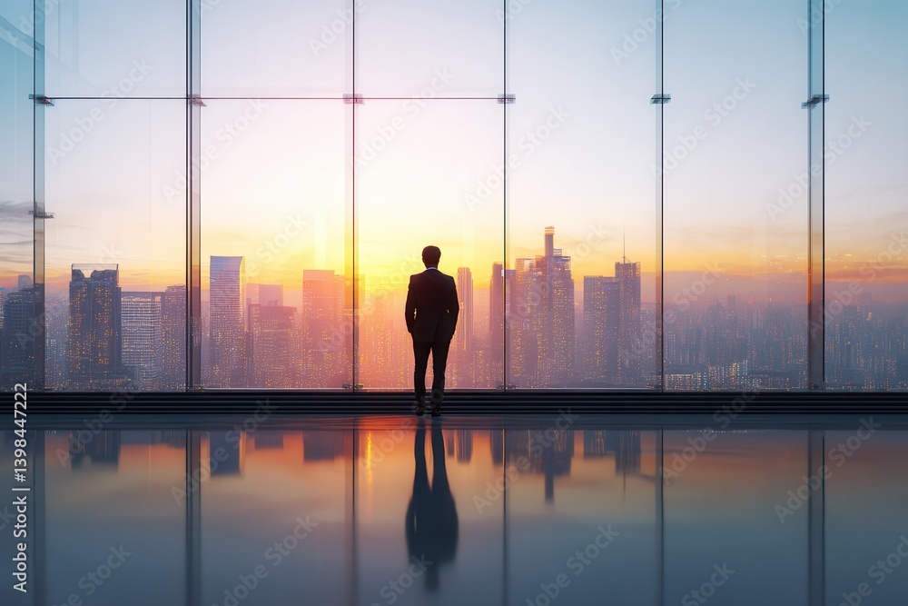 Fototapeta premium Silhouette of a man gazing out at a cityscape through expansive glass windows during a vibrant sunset.