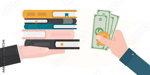 Businessman holding stack of various books and textbooks. Customer hand giving cash and buying books. Time to read. Education, learning process.