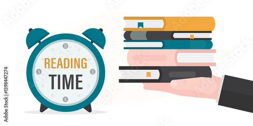Alarm clock and books. Reading time concept. Time to study, enjoying good book, learning. Businessman or teacher hand give stack of various books. Watch with text.