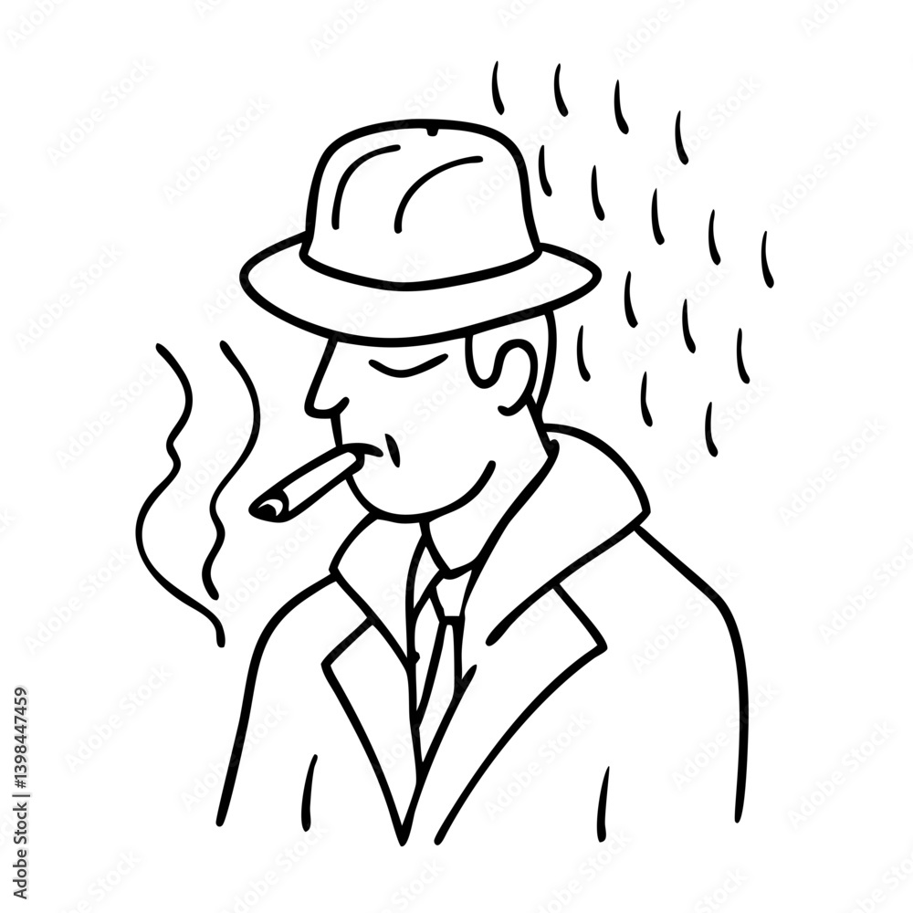 Retro Noir Style Detective Smoking Cigar Line Art Illustration for Posters Retro Noir Style Detective Smoking Cigar Line Art Illustration for Posters