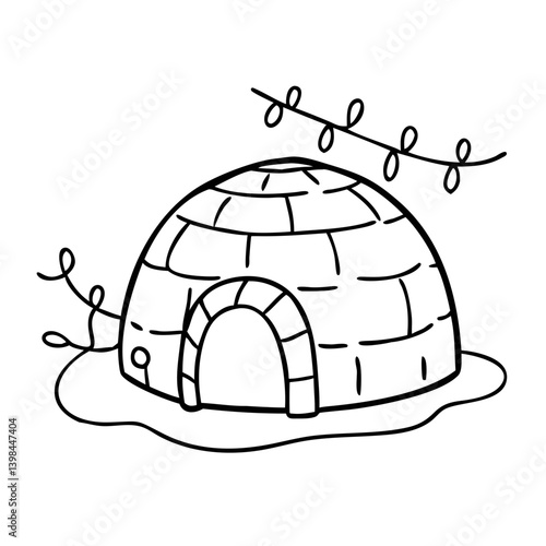 Igloo Vector Illustration with Winter String Lights for Decoration and Coloring
