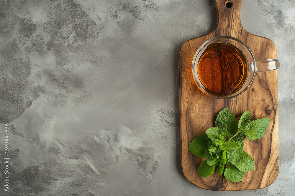 Honey and Mint on Wooden Cutting Board