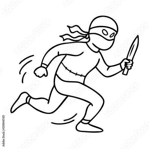 Ninja Warrior Running with Knife Vector Line Art Illustration