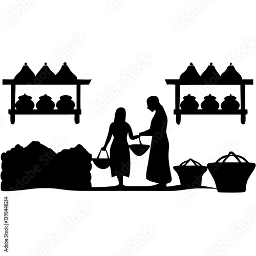 Traditional Market Stall Silhouette with People and Baskets for Illustration