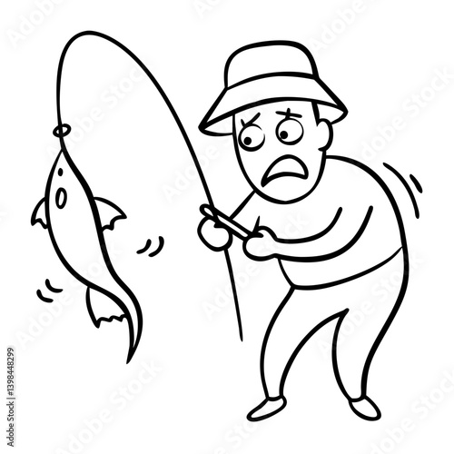 Cartoon Fisherman Surprised by Big Fish Vector Illustration for Coloring Books and Prints