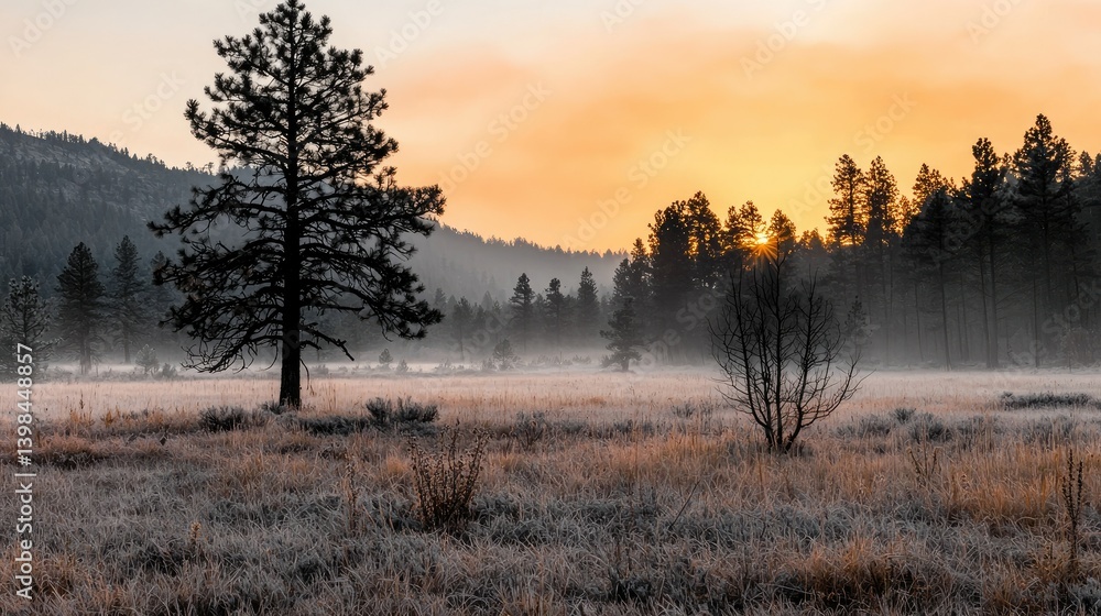 A beautiful sunrise over the trees in the foggy landscape A beautiful sunrise over the trees in the foggy landscape