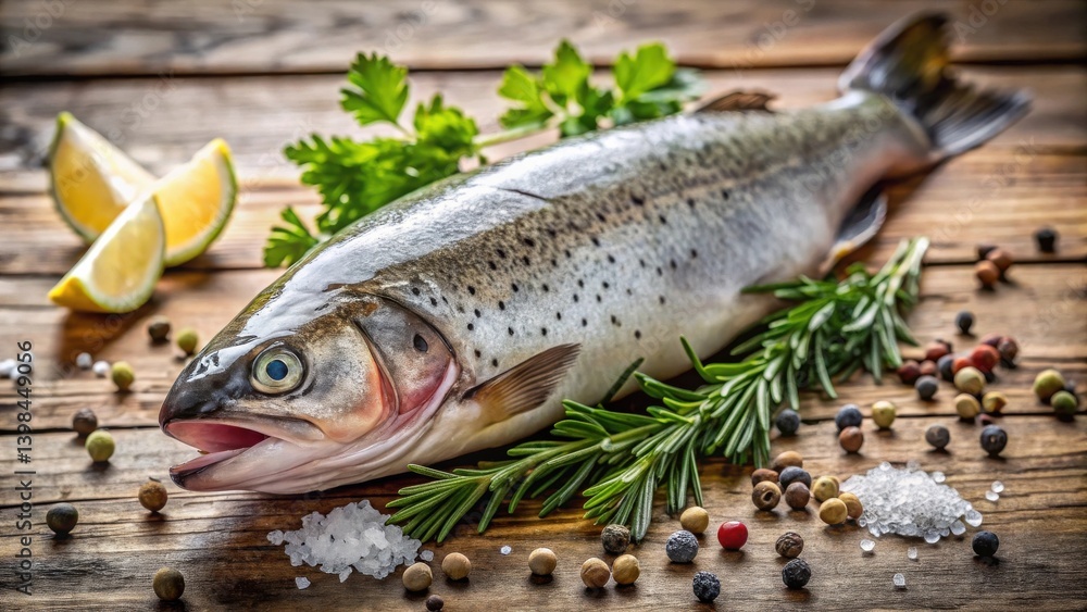 Freshwater Fish on Rustic Wooden Board with Herbs and Spices Freshwater Fish on Rustic Wooden Board with Herbs and Spices