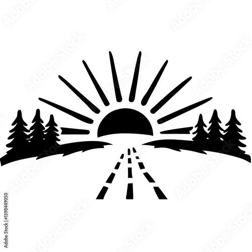 Radiant Sunrise Road with Pine Trees Vector Art for Nature Themes