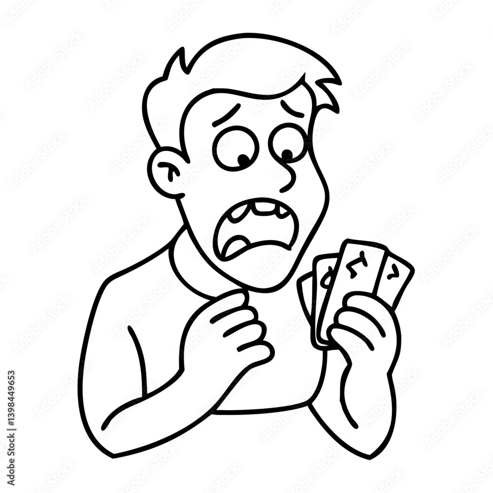 Worried Cartoon Character Holding Cards Vector Illustration for Comics and Coloring Books