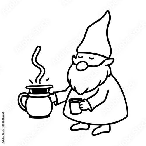 Whimsical Gnome Brewing Coffee Vector Art for Illustrations and Coloring Books