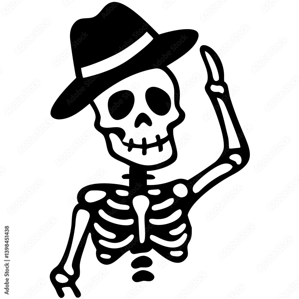 Skeleton in Hat Waving Friendly Vector Illustration for Halloween Decor and Tattoos Skeleton in Hat Waving Friendly Vector Illustration for Halloween Decor and Tattoos