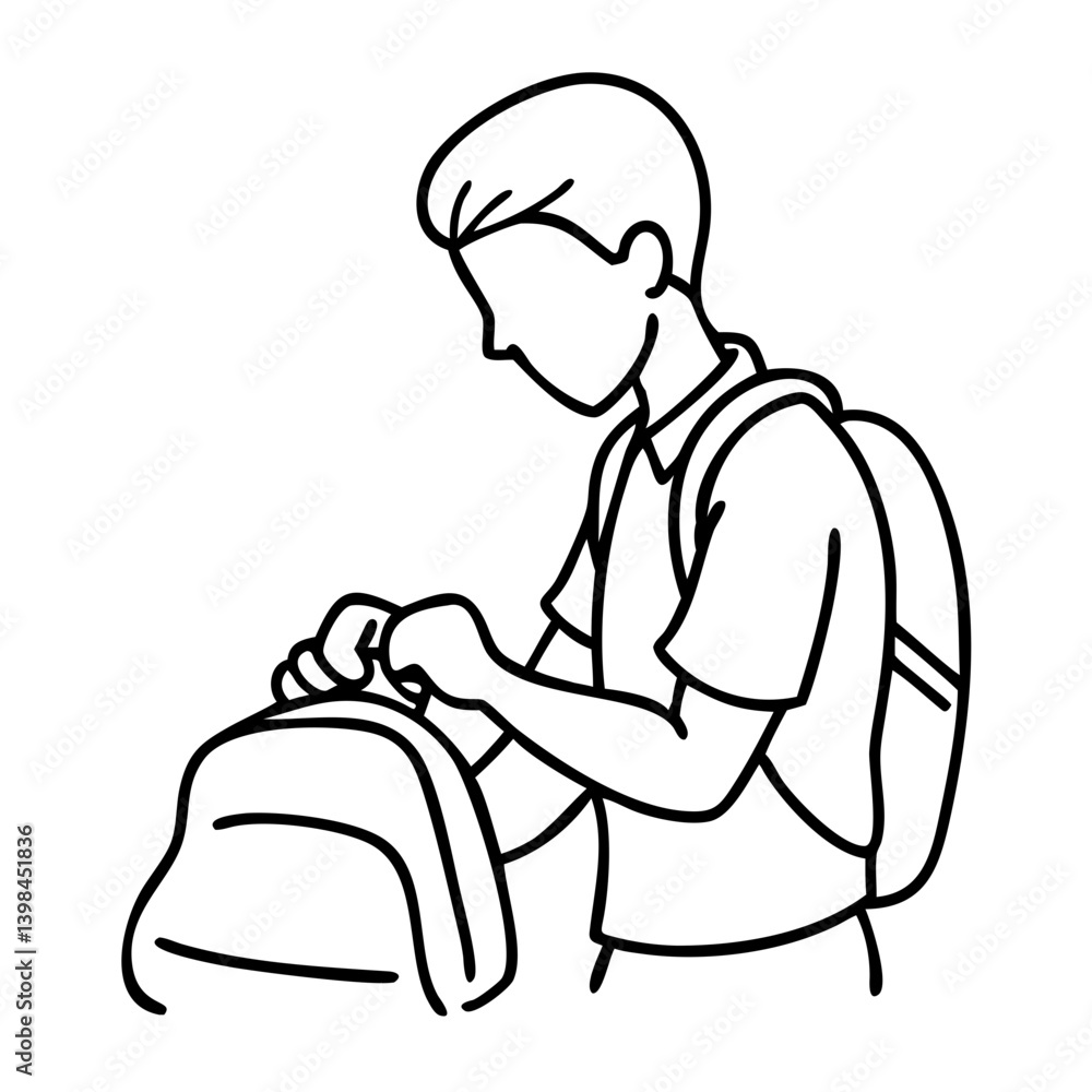 Vector Illustration School Boy Packing Backpack Line Art Vector Illustration School Boy Packing Backpack Line Art
