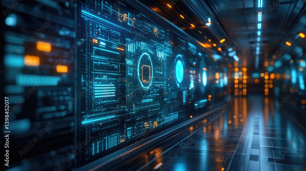 Futuristic Technological Display Illuminating a Dark Modern Corridor Space Futuristic Technological Display Illuminating a Dark Modern Corridor Space