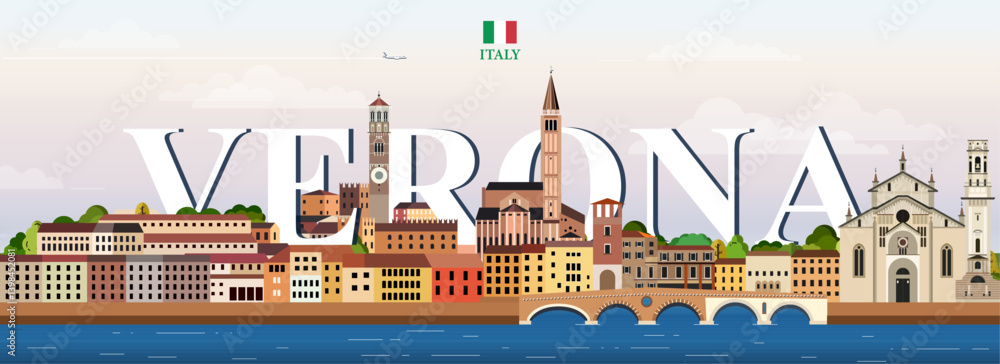 Verona cityscape colorful vector illustration with big city name on the background. Travel trendy poster