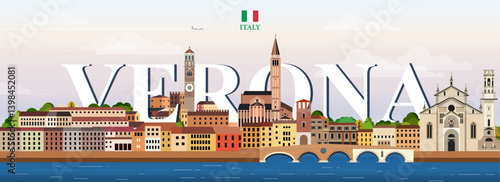 Obraz na płótnie Verona cityscape colorful vector illustration with big city name on the background. Travel trendy poster w salonie