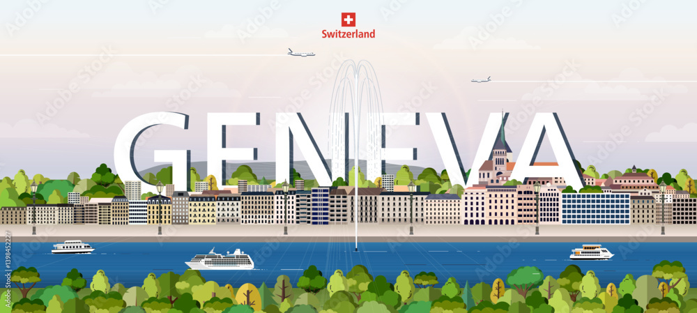 Geneva cityscape colorful vector illustration with big city name on the background. Travel trendy poster