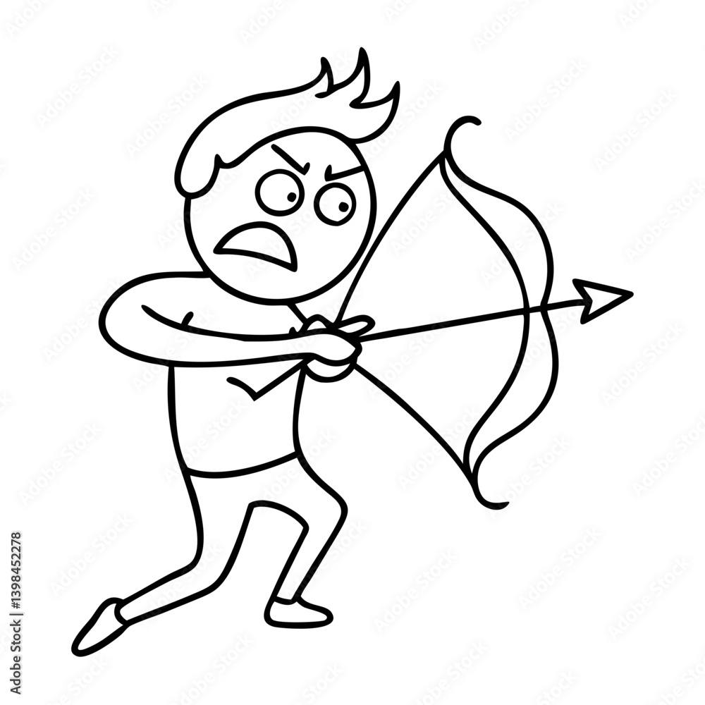 Fototapeta premium Angry Stick Figure Archer Aiming Bow and Arrow Cartoon Vector Illustration