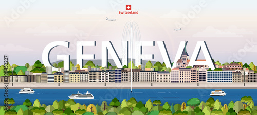 Obraz na płótnie Geneva cityscape colorful vector illustration with big city name on the background. Travel trendy poster w salonie