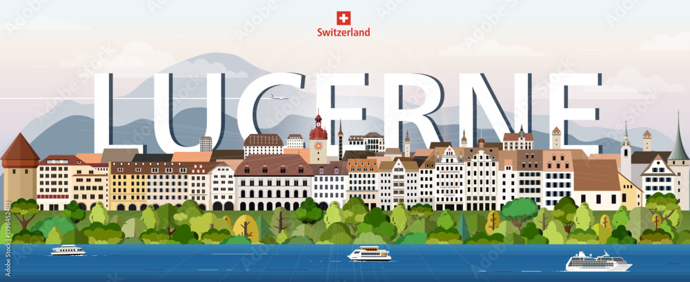 Lucerne cityscape colorful vector illustration with big city name on the background. Travel trendy poster
