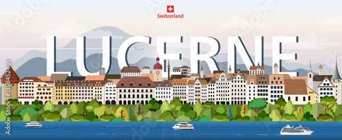 Obraz na płótnie Lucerne cityscape colorful vector illustration with big city name on the background. Travel trendy poster w salonie