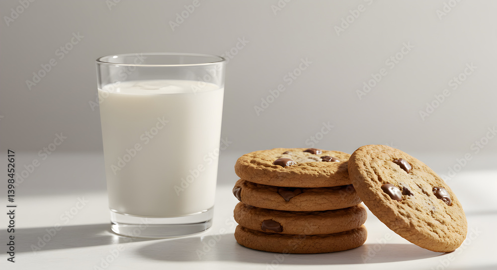 Classic Chocolate Chip Cookies Stacked With Milk Glass Under Soft Shadows