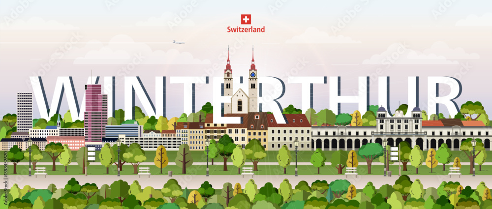 Winterthur cityscape colorful vector illustration with big city name on the background. Travel trendy poster