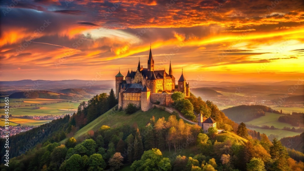 Majestic Castle on Hilltop at Sunset, Bathed in Golden Light, Overlooking Serene Valley Majestic Castle on Hilltop at Sunset, Bathed in Golden Light, Overlooking Serene Valley