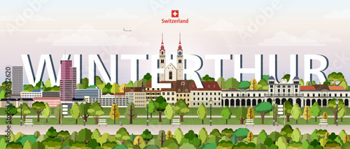 Obraz na płótnie Winterthur cityscape colorful vector illustration with big city name on the background. Travel trendy poster w salonie