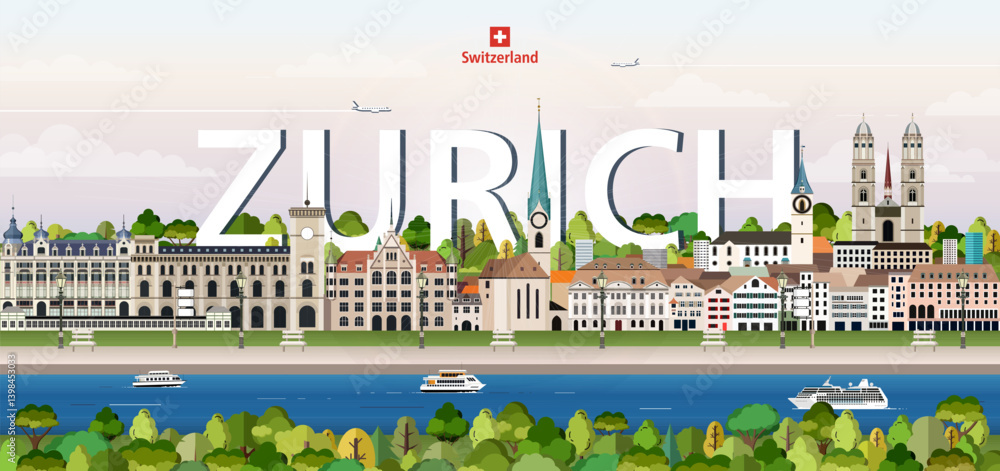 Zurich cityscape colorful vector illustration with big city name on the background. Travel trendy poster