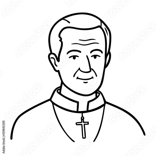 Line Art Portrait of a Religious Figure with Cross Suitable for Illustrations and Educational Materials