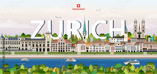 Obraz na płótnie Zurich cityscape colorful vector illustration with big city name on the background. Travel trendy poster w salonie